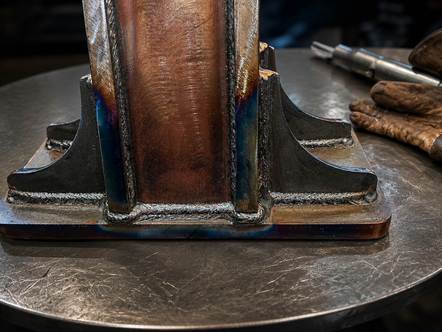 Detalle de cordón de soldadura con coloración térmica